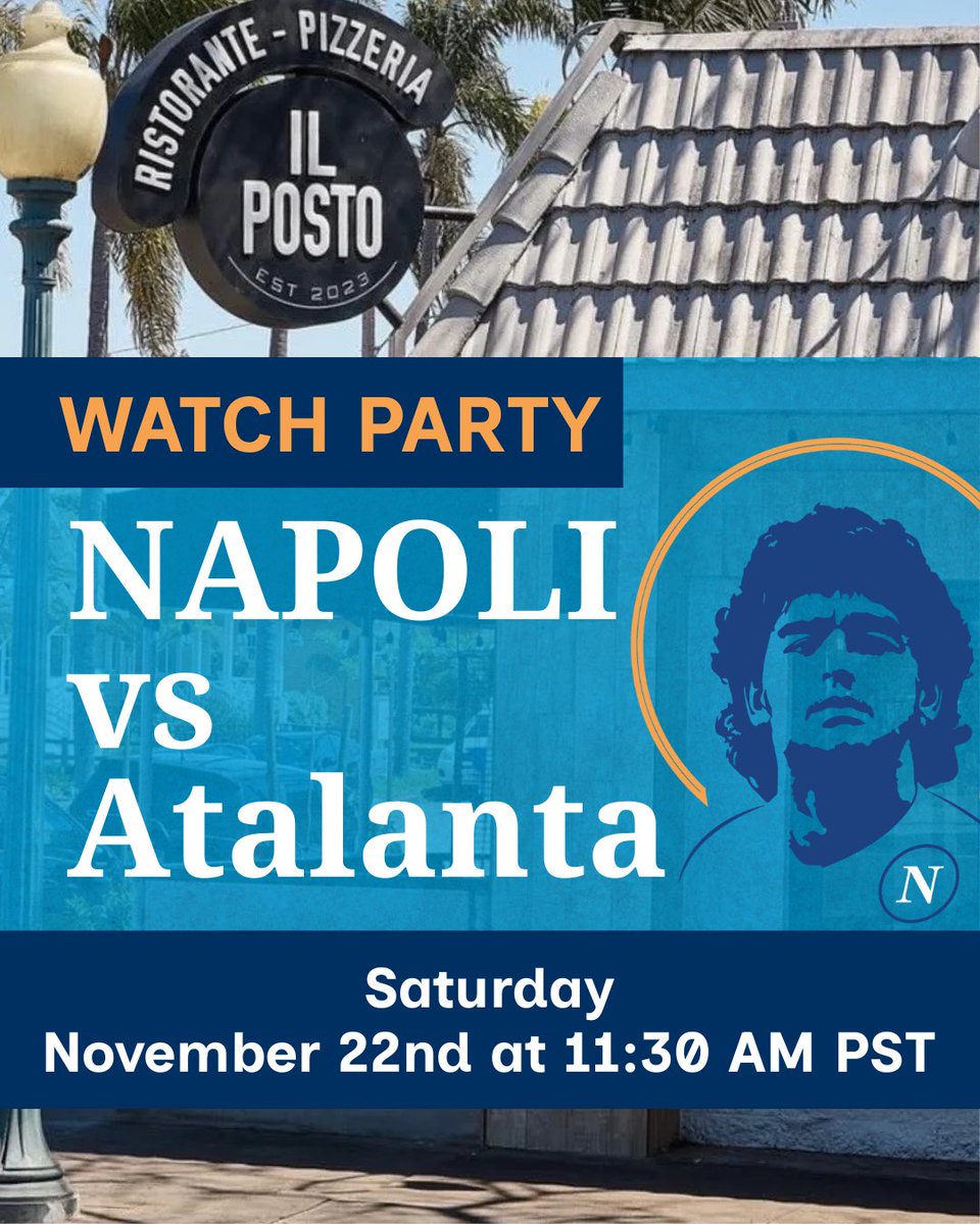 SDNapoliCC's tweet image. Come join us this Saturday, November 22nd at Il Posto for an 11:45a pst kickoff. 
Watch Party festivities begins at 11:30a for Napoli v Atalanta. 
Please DM us to reserve your seat. 

#ForzaNapoliSempre #FNS #Napoli #Atalanta #SDCA #SDNCC