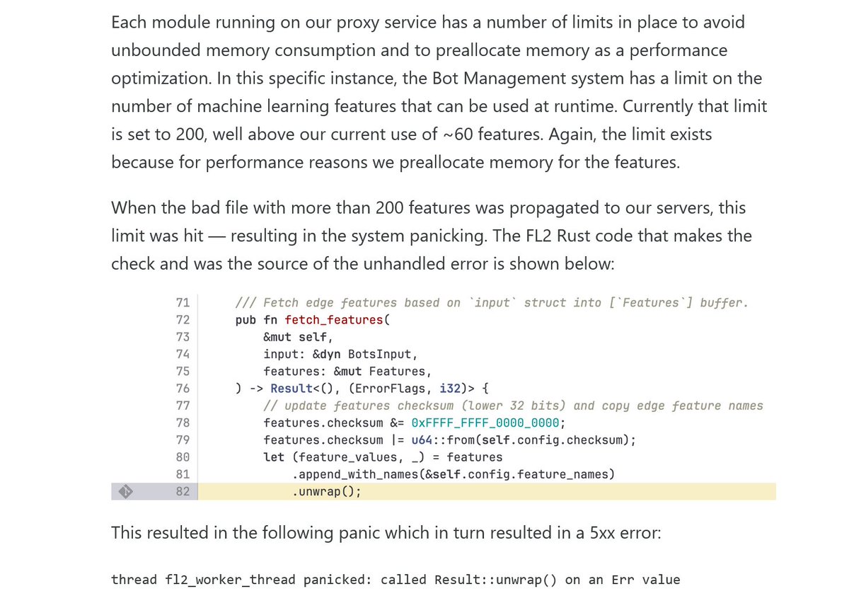 Cloudflare generated many millions of HTTP 5XX responses today. They were triggered because code in a core proxy called .unwrap() on a Result for an operation that was expected to never fail.