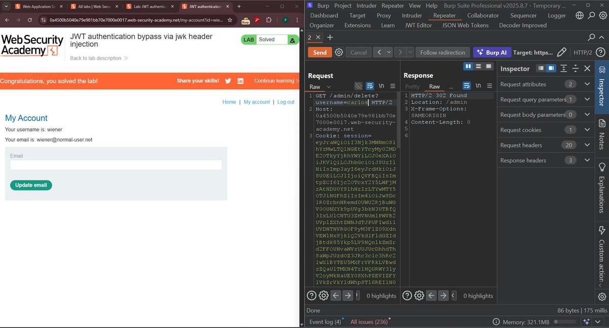 Cyber_matri_x's tweet image. 🔐 Just cracked the JWT authentication bypass lab via jwk header injection!   Another vulnerability down, countless more to learn 💪  #WebSecurity #JWT #BugBounty #CyberSecurity #Hacking
