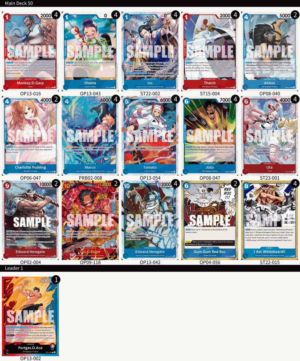 ONEPIECE_tcg_EN's tweet photo. [Deck List]
Hey One Piece Pirates!
Thank you to everyone who joined Versus Game’ Online Treasure Cup on Nov. 16!
Here’s the deck lists the top 4 players used! Congratulations!
Enjoy the treasure won &amp; building up your own crew!
#ONEPIECE
#onepiececardgame https://t.co/TspDQnvqaI