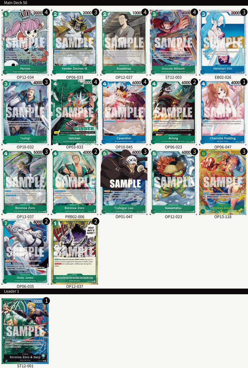 ONEPIECE_tcg_EN's tweet photo. [Deck List]
Hey One Piece Pirates!
Thank you to everyone who joined Versus Game’ Online Treasure Cup on Nov. 16!
Here’s the deck lists the top 4 players used! Congratulations!
Enjoy the treasure won &amp; building up your own crew!
#ONEPIECE
#onepiececardgame https://t.co/TspDQnvqaI