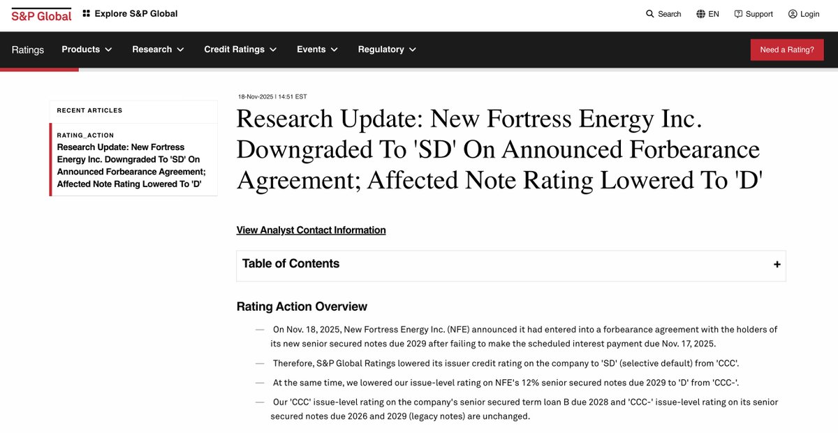 S&amp;P today downgraded New Fortress Energy, which manages key power generation in #PuertoRico, to selective default after the company missed a Nov. 17 interest payment and entered a forbearance deal on its 2029 secured notes. spglobal.com/ratings/en/reg…