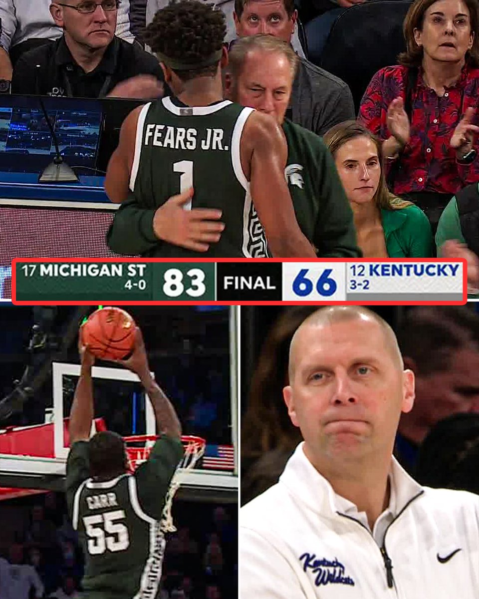 espn's tweet image. NO. 17 MICHIGAN STATE BLOWS OUT NO. 12 KENTUCKY 😳 

Jeremy Fears Jr. with a Champions Classic record 13 AST 🔥