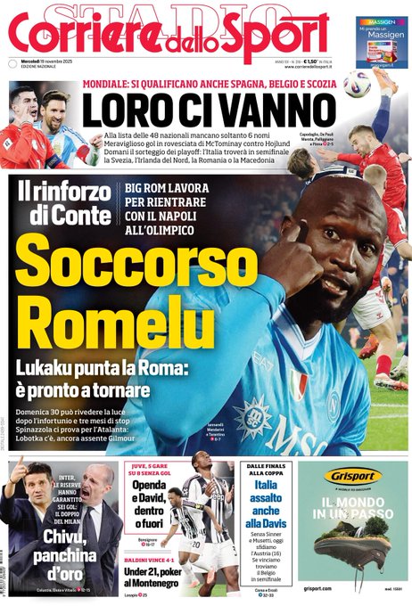 Front Page Corriere dello Sport, Wednesday 19 November 2025