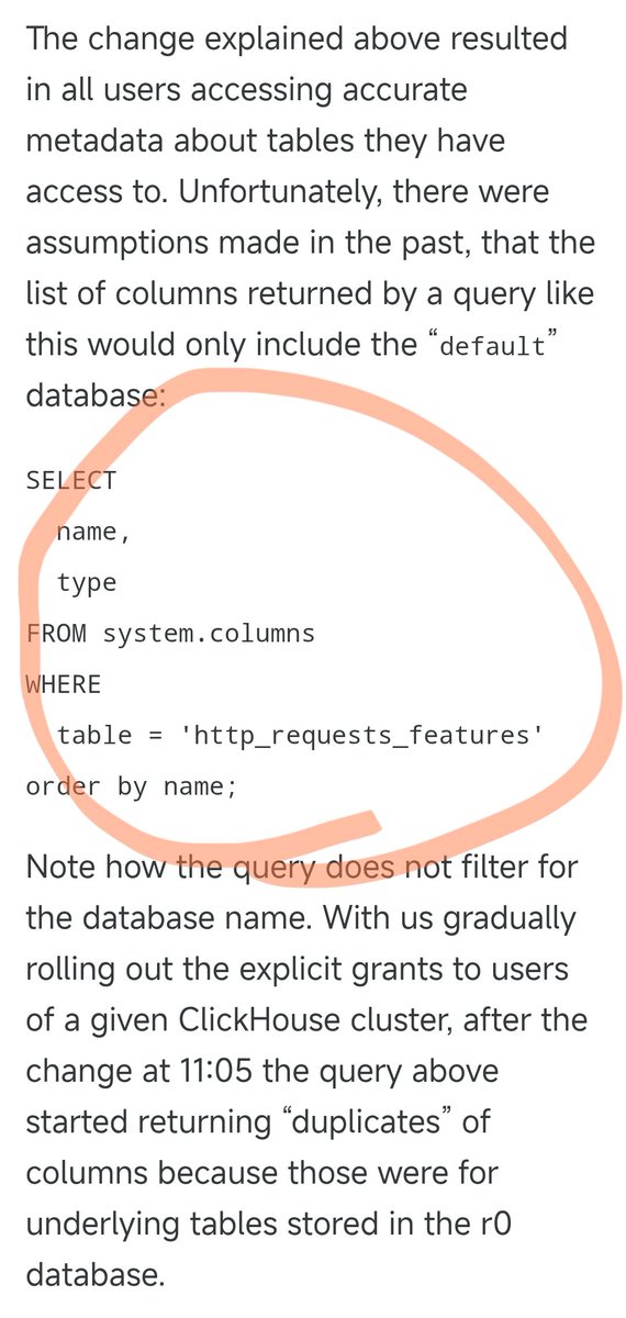 昨晚Cloudflare 的故障就是下面這個SQL 所導致的。
之前，這個SQL 運作好好的，只會查詢default 資料庫的列資訊。
但昨天他們升級了某些用戶權限，就導致這個SQL 會同時返回default 資料庫和底層r0 資料庫的解信