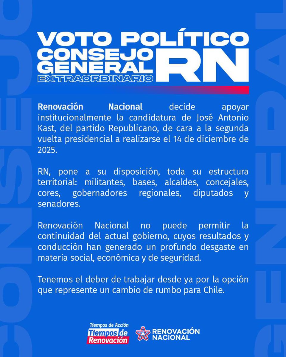 Tras su consejo general extraordinario, RN decide apoyar institucionalmente la candidatura presidencial de <a href="/joseantoniokast/">José Antonio Kast Rist 🖐️🇨🇱</a> 💪🏻