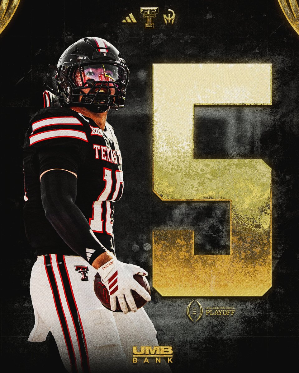 TexasTechFB's tweet image. Up to No. 5️⃣ in the @CFBPlayoff rankings.