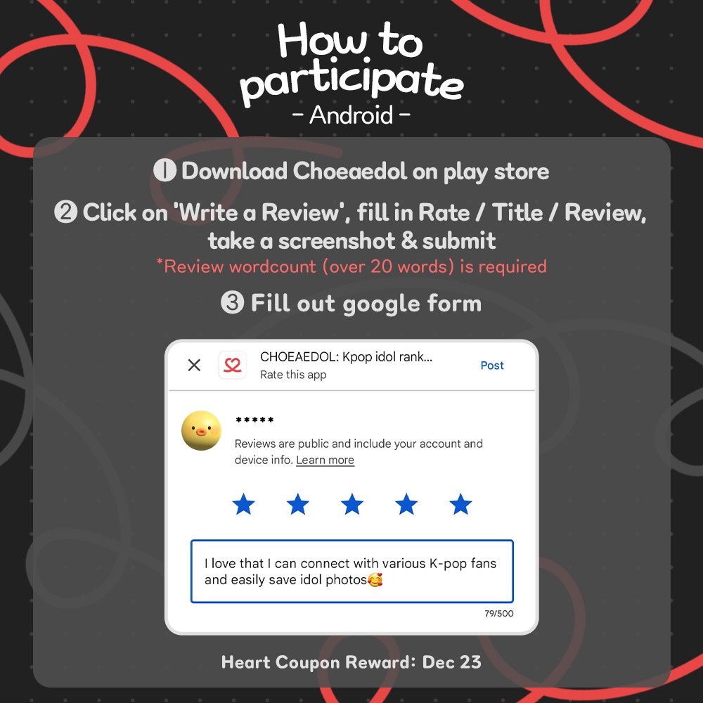 kpopidol_en's tweet photo. 🌟 100% Hearts Guaranteed! 💯
💕App Review Event 💬
Just leave a review and get up to 10,000 Hearts💌
🎁 Everyone who participates — 2,000 Hearts
🎁 Top 10 reviews — 10,000 Hearts

How to join
1️⃣ Leave a review for “CHOEAEDOL” on the App Store or Google Play
✳️ Your review must be at least 20 characters
2️⃣ Take a screenshot before you submit the review
3️⃣ Submit the Google Form 👉 https://t.co/eijiIzwGfr

🍎 Go to App Store
https://t.co/VhX6gDEpiN
▶️ Go to Google Play
https://t.co/82scPBW7C9