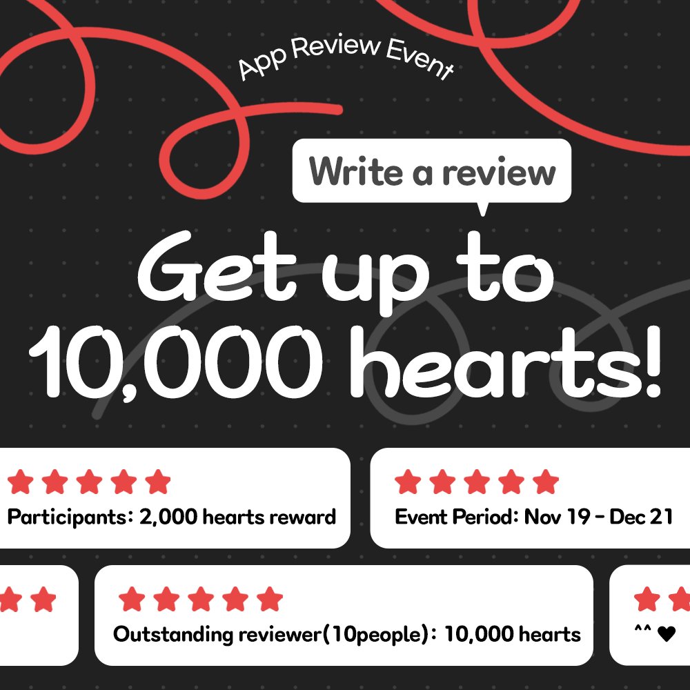 kpopidol_en's tweet photo. 🌟 100% Hearts Guaranteed! 💯
💕App Review Event 💬
Just leave a review and get up to 10,000 Hearts💌
🎁 Everyone who participates — 2,000 Hearts
🎁 Top 10 reviews — 10,000 Hearts

How to join
1️⃣ Leave a review for “CHOEAEDOL” on the App Store or Google Play
✳️ Your review must be at least 20 characters
2️⃣ Take a screenshot before you submit the review
3️⃣ Submit the Google Form 👉 https://t.co/eijiIzwGfr

🍎 Go to App Store
https://t.co/VhX6gDEpiN
▶️ Go to Google Play
https://t.co/82scPBW7C9