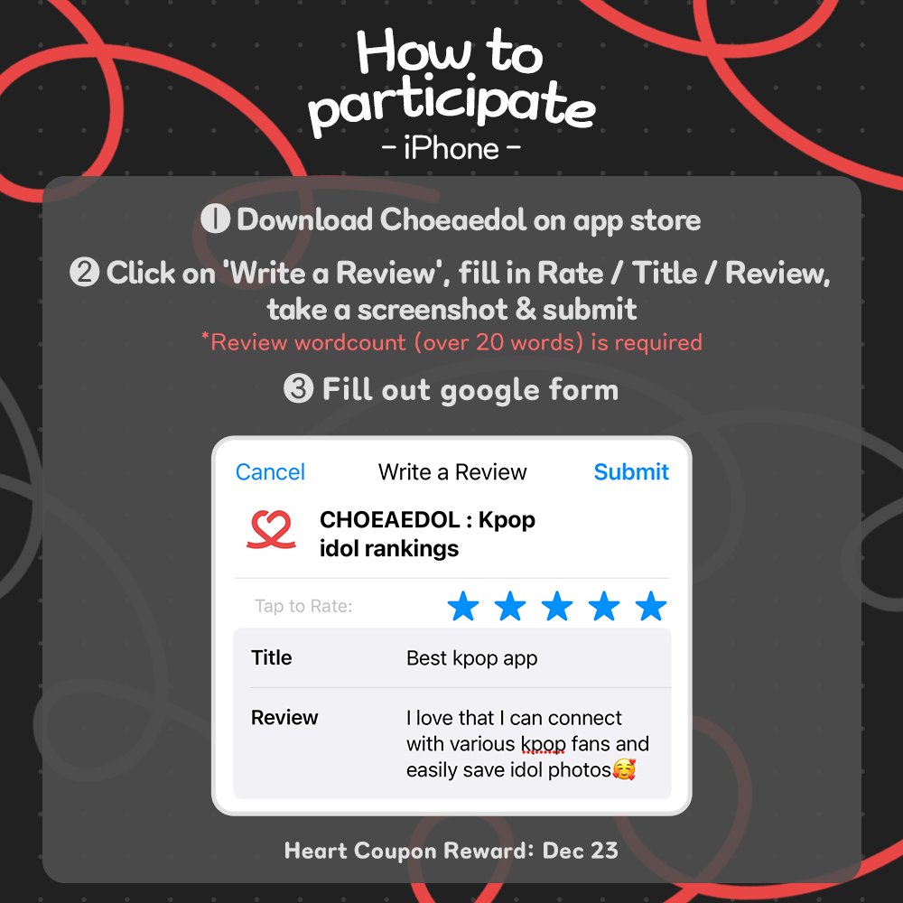 kpopidol_en's tweet photo. 🌟 100% Hearts Guaranteed! 💯
💕App Review Event 💬
Just leave a review and get up to 10,000 Hearts💌
🎁 Everyone who participates — 2,000 Hearts
🎁 Top 10 reviews — 10,000 Hearts

How to join
1️⃣ Leave a review for “CHOEAEDOL” on the App Store or Google Play
✳️ Your review must be at least 20 characters
2️⃣ Take a screenshot before you submit the review
3️⃣ Submit the Google Form 👉 https://t.co/eijiIzwGfr

🍎 Go to App Store
https://t.co/VhX6gDEpiN
▶️ Go to Google Play
https://t.co/82scPBW7C9