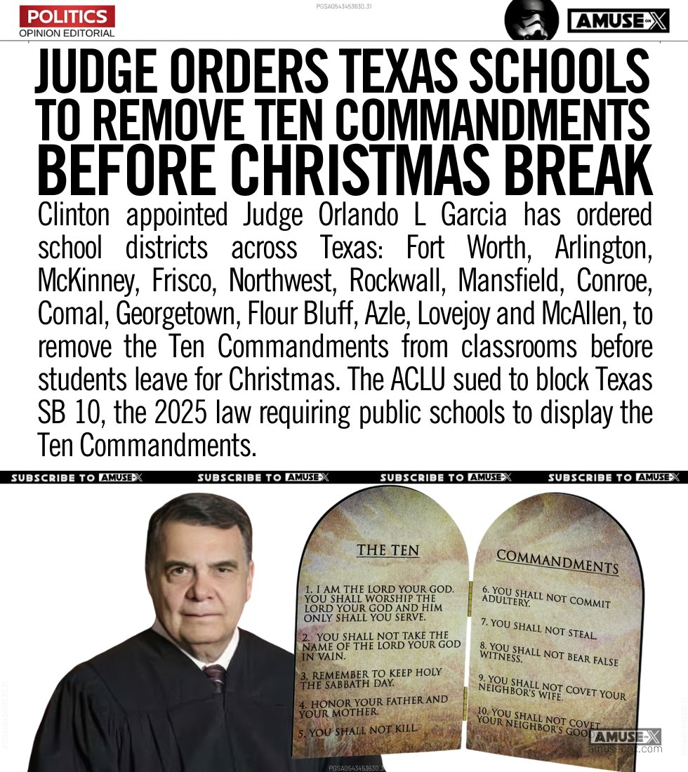 TEN COMMANDMENTS: Clinton Judge ruled ordered Texas schools to remove the Ten Commandments before students leave for Christmas break in multiple school districts. While these same schools are installing Islamic prayer rooms to accommodate the influx of Islamic migrants they'll be