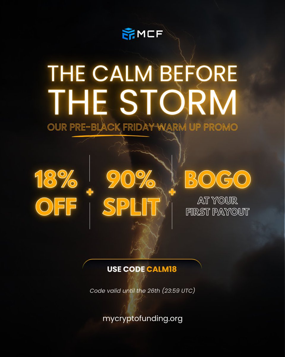 MyCryptoFunding's tweet image. A storm is forming… 🌪️👀

Introducing THE CALM BEFORE THE STORM — our pre–Black Friday deal:

18% OFF + 90% Profit Split on any challenge 💼⚡️
Use code CALM18 until Nov 27.

Secure your discount now 🚀
