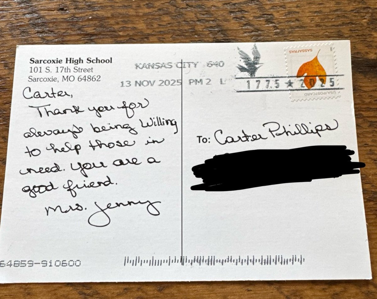 cjphillips2027's tweet photo. I loved getting this in the mail….Everyone needs a Mrs. Jenny! So thankful to have her at Sarcoxie! https://t.co/5J55xgs8xi