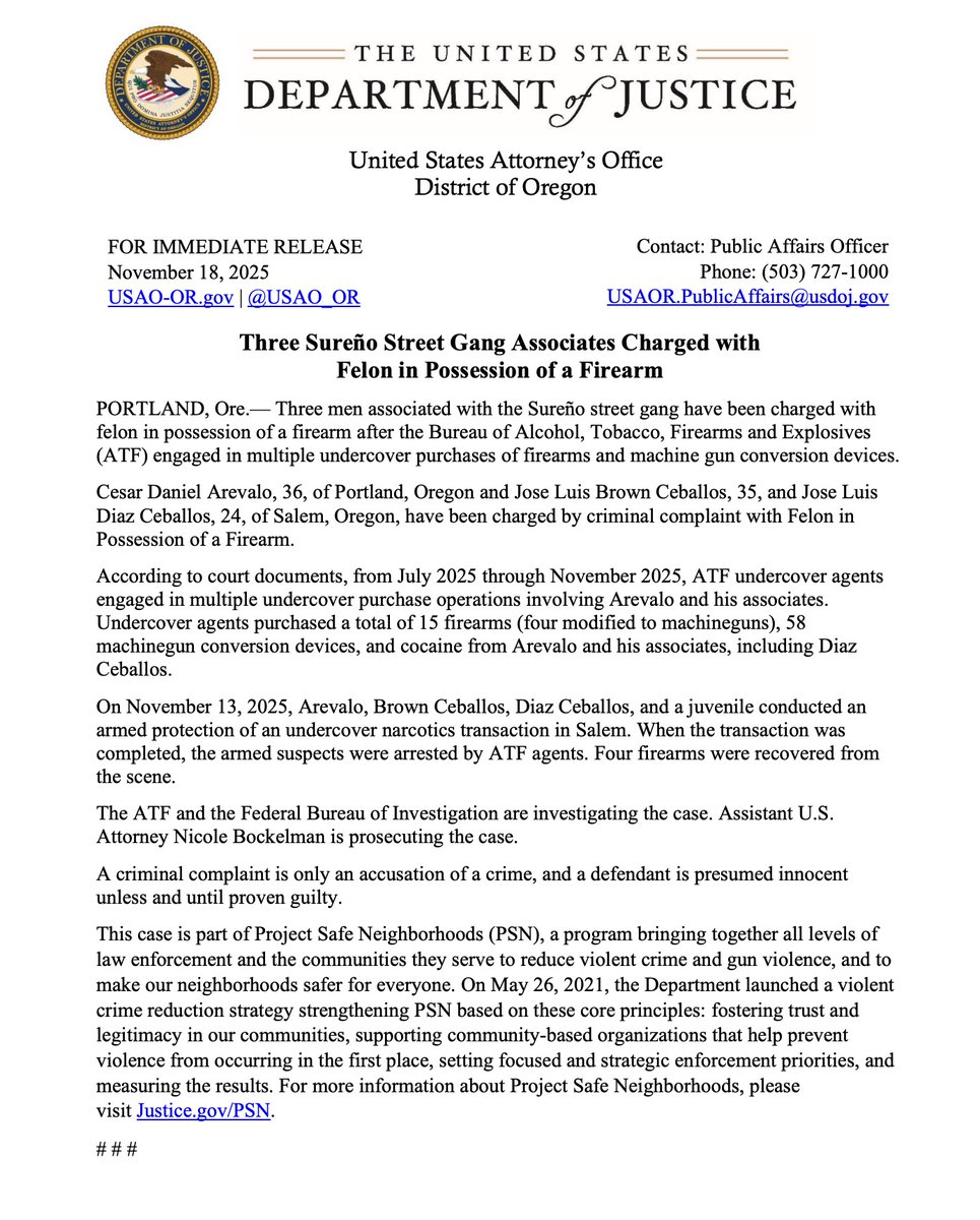 MrAndyNgo's tweet image. Three members of the Sureño Mexican street gang have been charged in Portland, Ore., by federal authorities for being felons in illegal possession of firearms. 

Cesar Daniel Arevalo, Jose Luis Brown Ceballos and Jose Luis Diaz Ceballos were caught by federal undercover agents in…