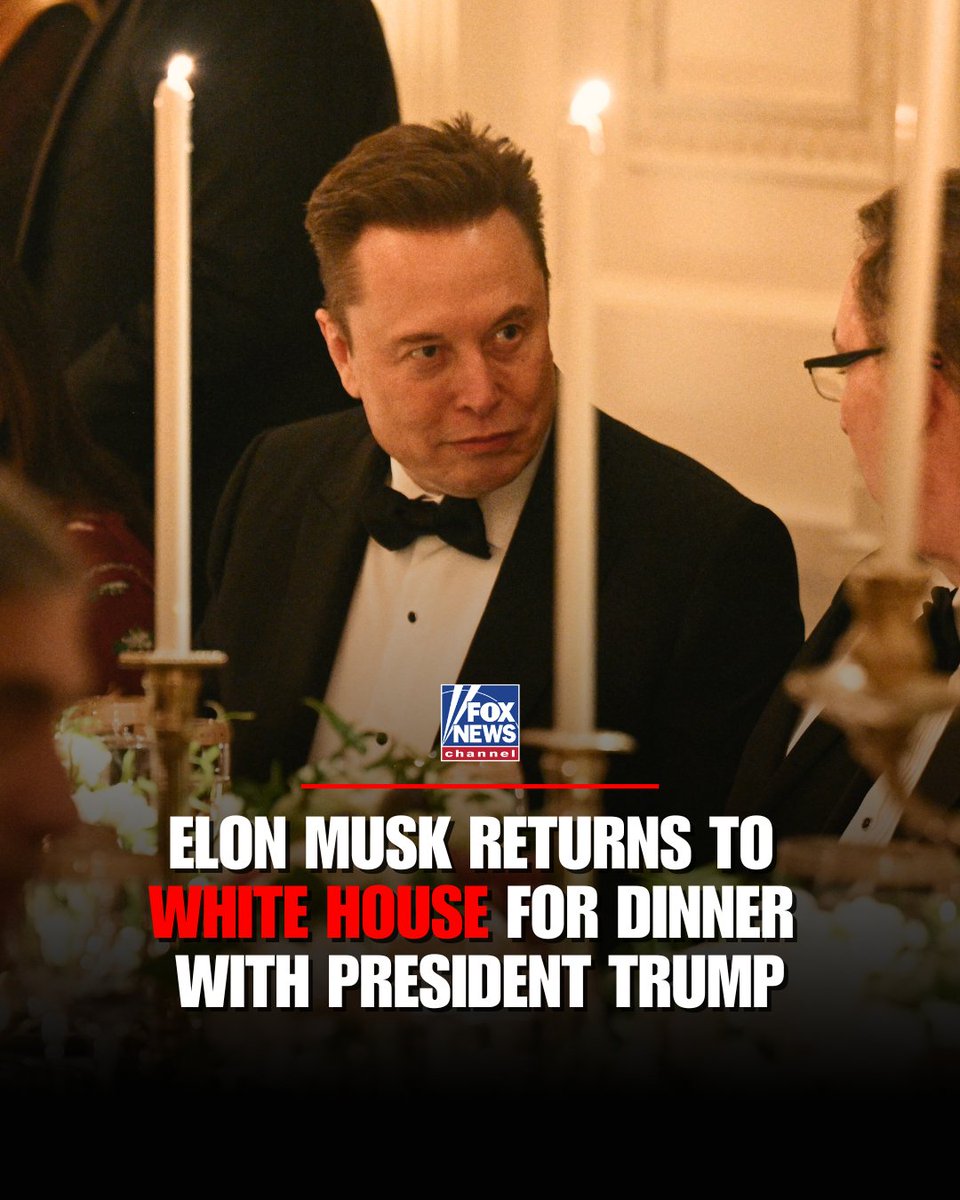FoxNews's tweet image. BACK IN BLACK: @elonmusk visits the White House for a dinner with Saudi Crown Prince Mohammed bin Salman after ending his feud with President Trump.