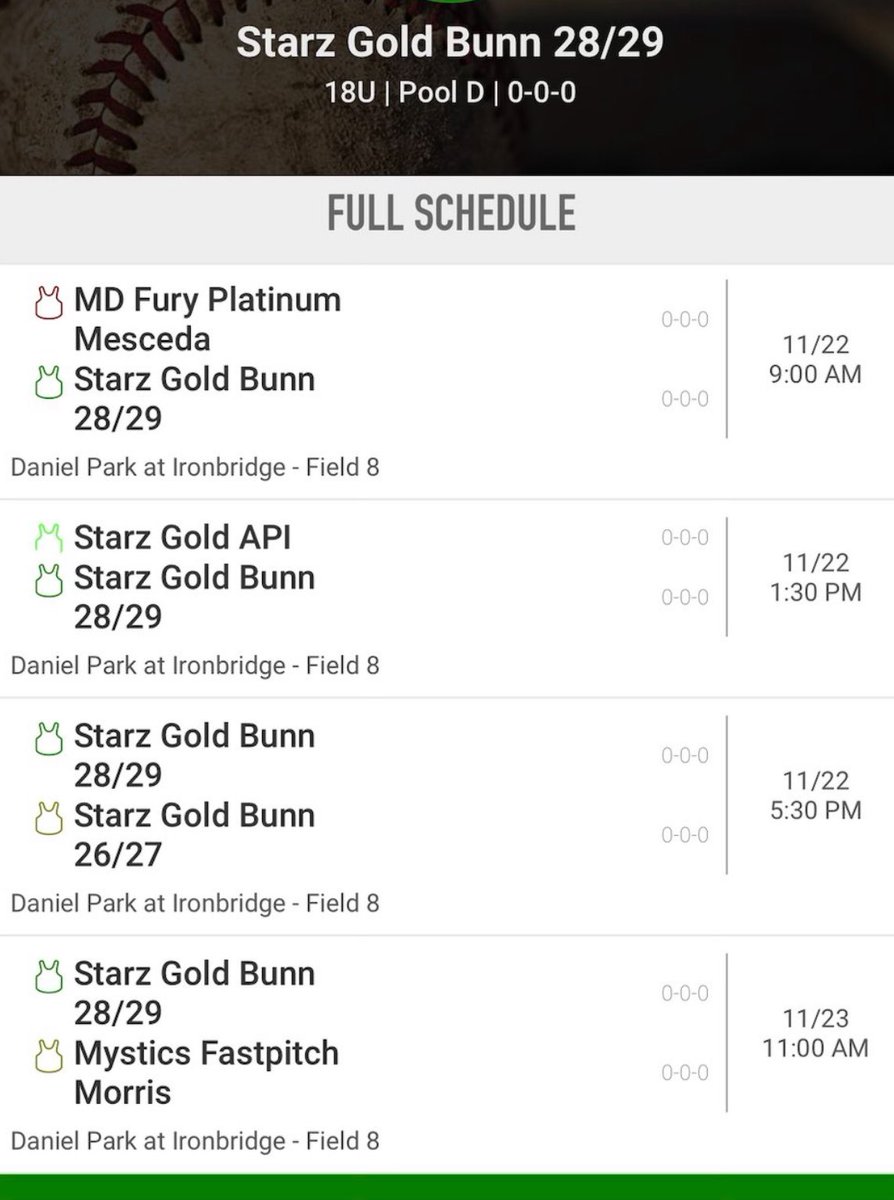 Looking forward to our last fall tournament this weekend Nov. 22-23, in Richmond. Here is our schedule for the weekend. All games will be at Ironbridge. <a href="/StarzGold_16u/">Starz Gold 16u (Bunn)</a> <a href="/StarzGold/">StarzGold</a> <a href="/CoachBrandon24/">Brandon Perks</a>