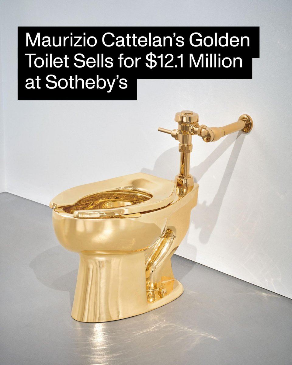 artnet's tweet image. #ArtnetNews: How much would someone pay to own a fully functioning, 220-pound, 18-karat gold toilet? Tonight at Sotheby’s in New York, the answer was revealed: $12.1 million. That was the winning bid, with premium, that a bidder paid for Maurizio Cattelan’s America (2016)…