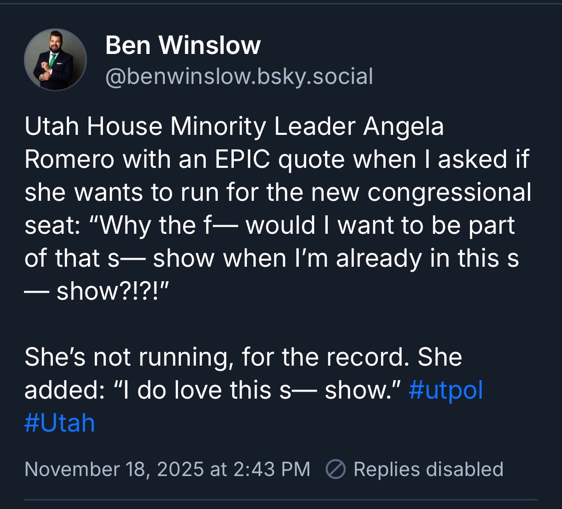 purrtah's tweet photo. Based Angela Romero quote (Utah Dem House Minority leader) https://t.co/xIi91A8wGj