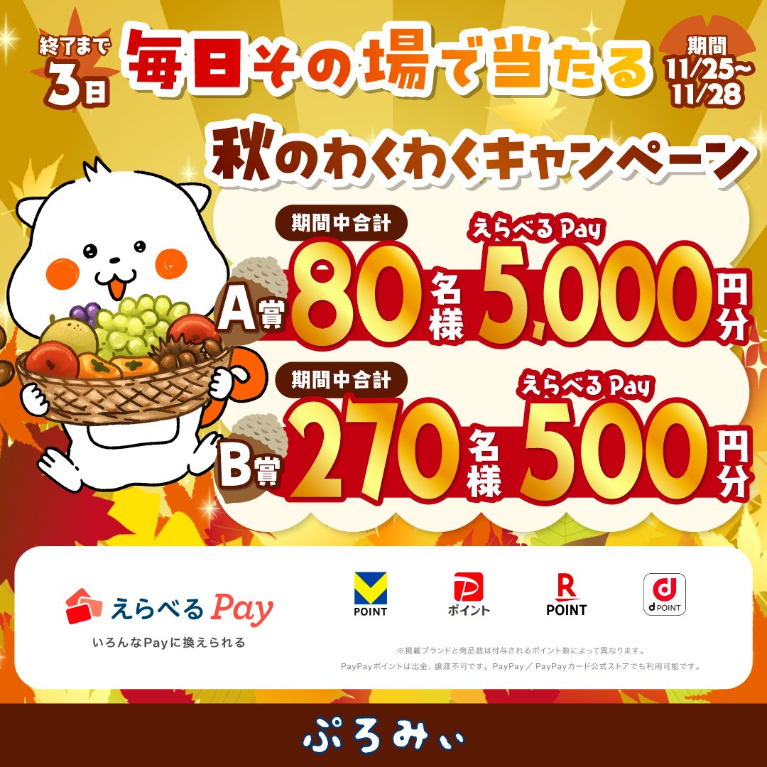 promise_puromi's tweet photo. ／
秋のわくわくキャンペーン1日目🎁⭐️
＼

期間中 毎日えらべるPayが
その場で当たるみぃ😆

1.@promise_puromiをフォロー
2.この投稿をリポスト
3.当選者はその場でDMが届く❗️