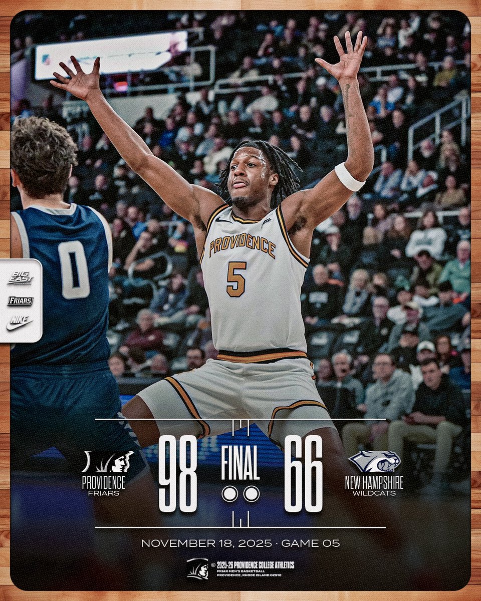 PCFriarsmbb's tweet image. Friars Win!

Providence - 98
New Hampshire - 66

Friars control the glass (40 rebounds) and dominate New Hampshire inside with 54 points in the paint