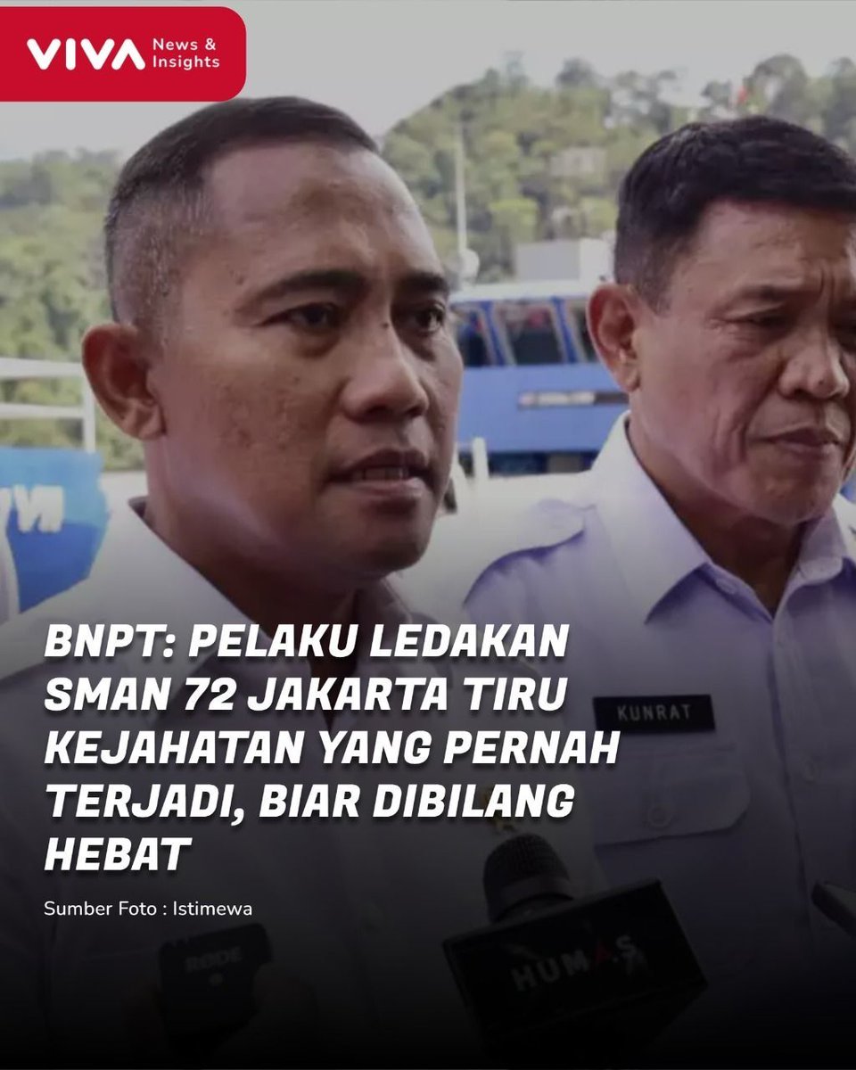 VIVAcoid's tweet photo. Badan Nasional Penanggulangan Terorisme (BNPT) RI mengatakan, pelaku ledakan pada SMAN 72 Jakarta Utara mengakses grup true crime community (komunitas kejahatan nyata).
Selengkapnya : https://t.co/CURtOOId6m
#vivacoid #bnpt #sman72 https://t.co/xZ6idG13m7