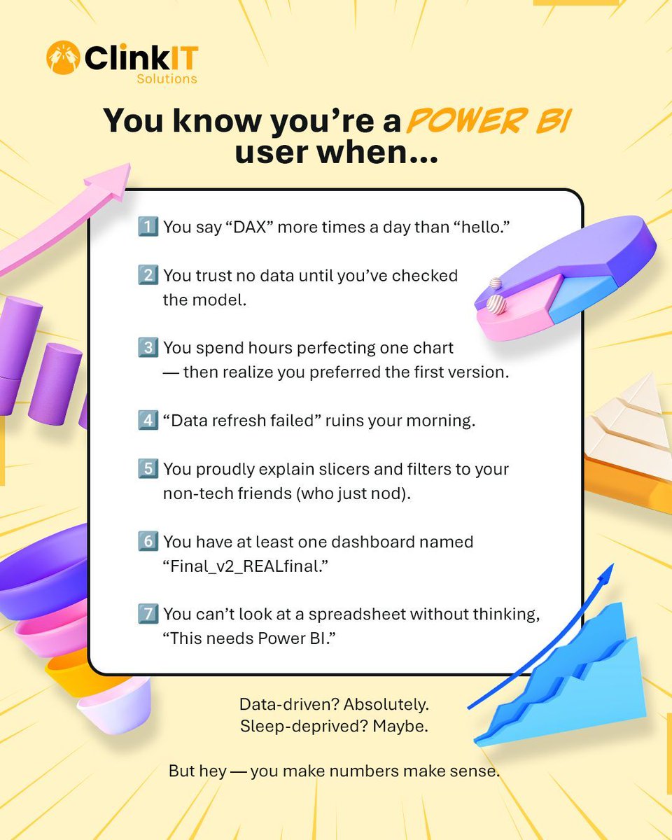 ClinkITph's tweet image. If you say &quot;DAX&quot; more than &quot;hello&quot; and trust no data until the model is checked, you&apos;re officially a Power BI user! 📊 

#PowerBI #ClinkITSolutions #DataVisualizations #Microsoft #BusinessIntelligence #DataAnalytics #DataDriven #VisualizationTools #DataInsights