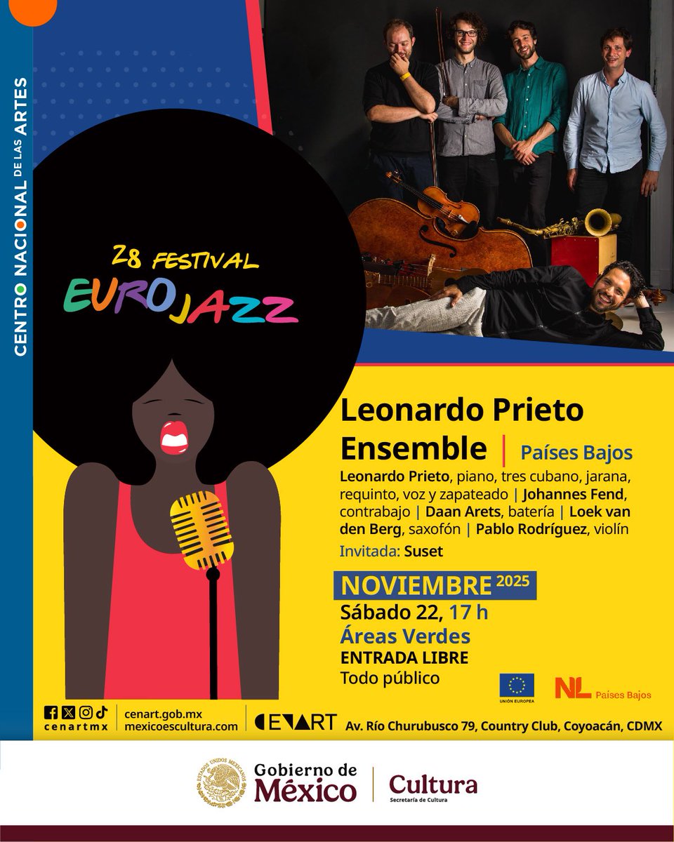UEenMexico's tweet image. 🇪🇺🎷 Desde Países Bajos 🇳🇱 llegará al #Eurojazz Leonardo Prieto Ensemble para presentar su proyecto que cruza jazz moderno y clásica contemporánea con raíces mexicanas.

¡No faltes!

🗓️ Sábado 22 de noviembre
⏰ 17:00 h
📍 Áreas verdes del @cenartmx
🎫 Entrada libre