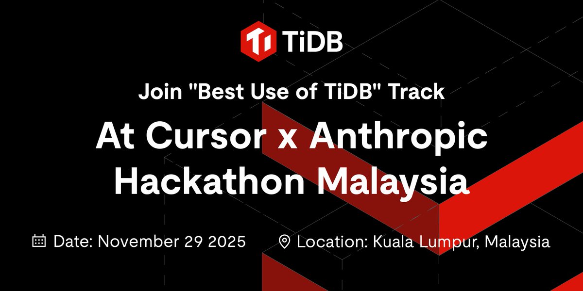 PingCAP's tweet image. Malaysian devs, get ready! 🇲🇾

Building complex, scalable apps just got simpler with TiDB! Join the &quot;Best Use of TiDB&quot; track at the Cursor Hackathon.

Win up to $500 USD + TiDB Cloud Credits &amp;amp; swag! 🏆

Show us your best ideas! 👇
ow.ly/EWS050XtC2L

#CursorHackMY #TiDB…