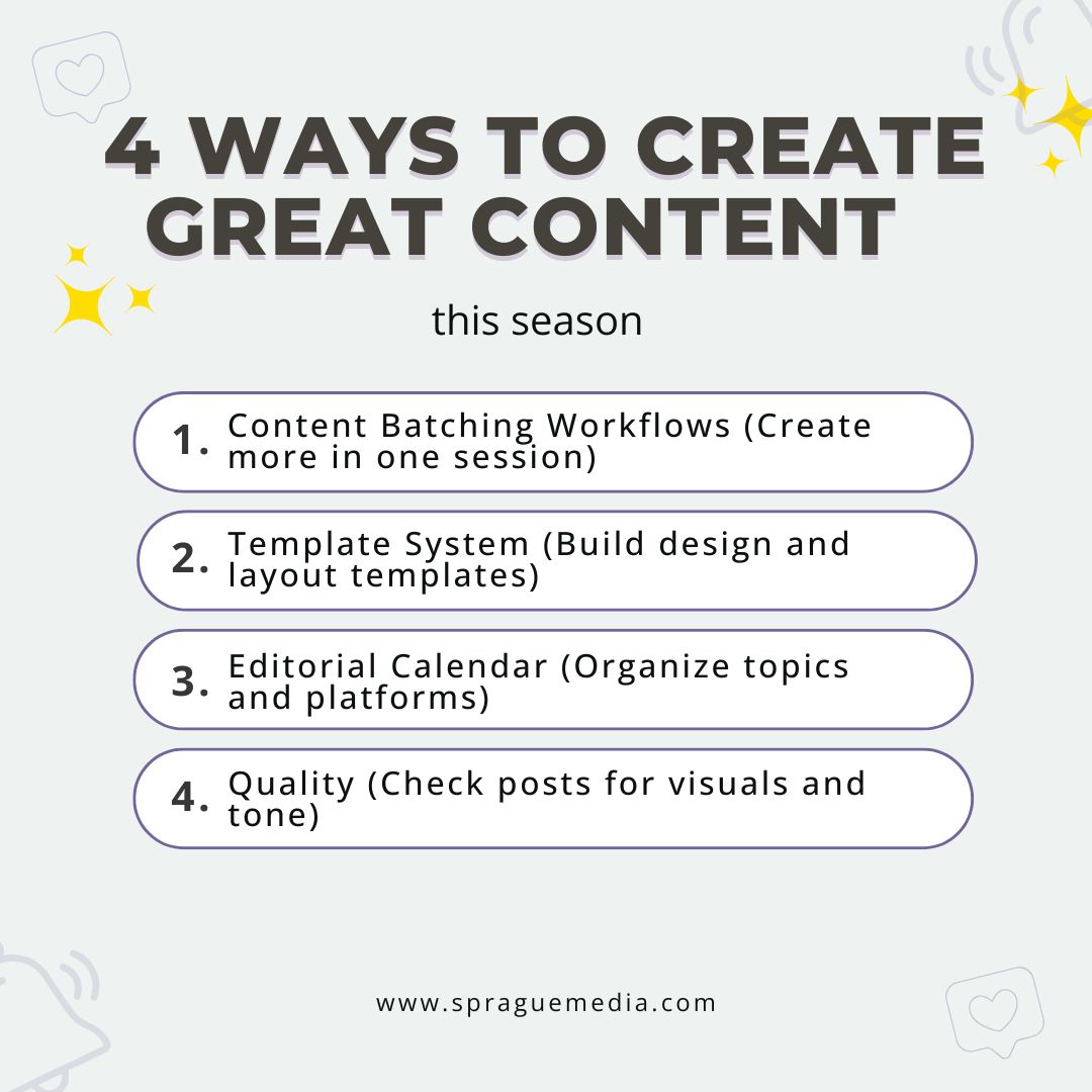 spraguemedia's tweet image. Do you have one week—or just a few hours—to Create Content? ⏱️✨
Here’s how to create great content:

💻 Batch in one session
🤍Build system and layout templates
📱Organize calendar and platforms
✨Check posts for visuals and tone

spraguemedia.com/contact-us/

#content #spraguemedia