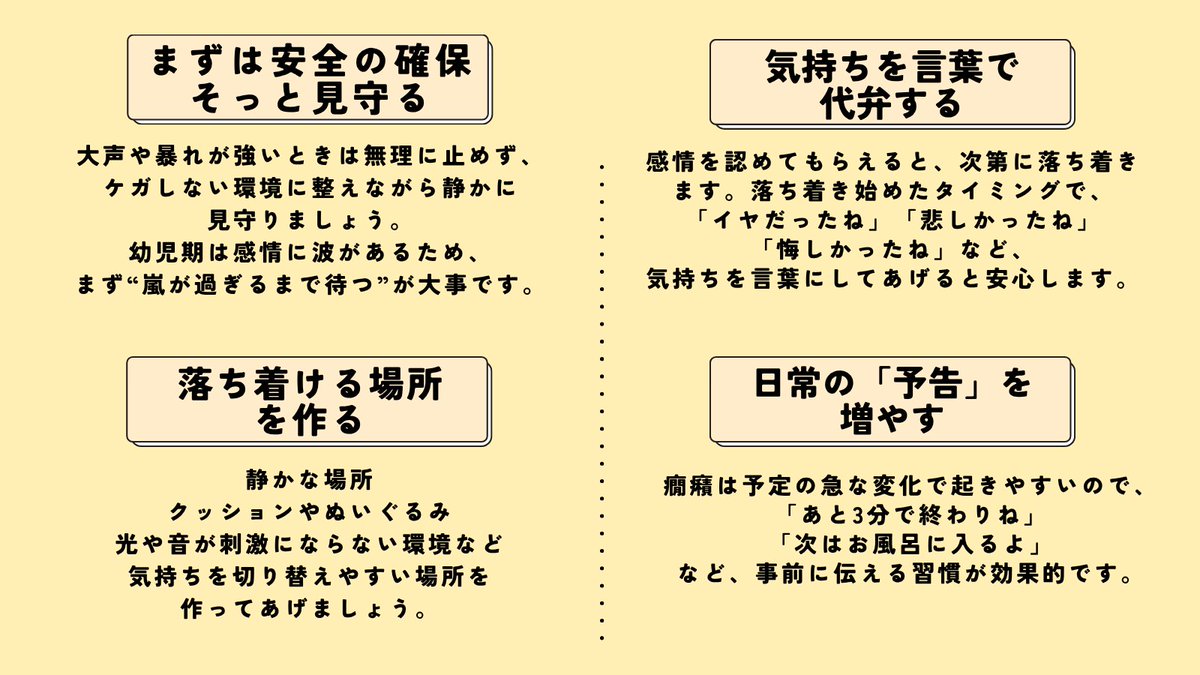 子どもの癇癪への関わり方🧒💭

癇癪は、気持ちがうまく伝えられないサイン。
まずは安全を確保して落ち着くのを待ち、
そのあと「イヤだったね」と気持ちを受け止めることが大切です。

大人の落ち着いた行動が、子どもの安心につながります🍀
