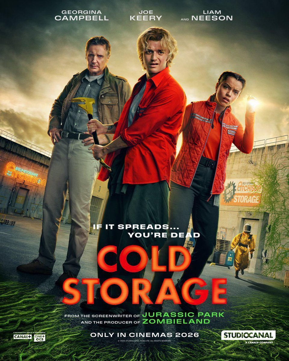 EGeekly's tweet image. The Cold Storage poster sets the tone fast: weird fungus creeping across the walls, Joe Keery clutching a drill like it’s Excalibur, and Liam Neeson looking ready for whatever just leaked out of that facility. 
#ColdStorage #JoeKeery #LiamNeeson #SciFiThriller #HorrorComedy