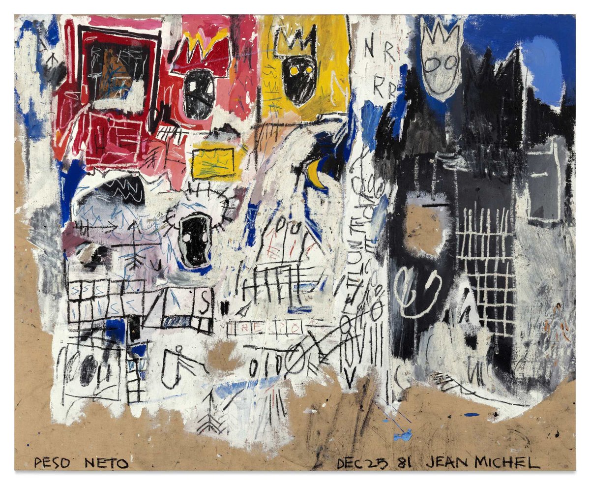 'Crowns (Peso Neto)' by Jean-Michel Basquiat sells for $48.3 million. Painted in 1981, three days after his 21st birthday, it marks Basquiat’s transformation from downtown prodigy to global phenomenon.