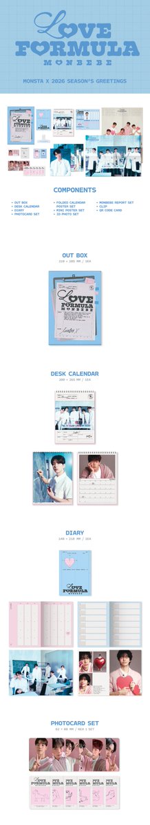 OfficialMONSTAX's tweet image. 📢
2026 MONSTA X
SEASON&apos;S GREETINGS

🧪𝙇𝙊𝙑𝙀 𝙁𝙊𝙍𝙈𝙐𝙇𝘼 𝙈𝙊𝙉𝘽𝙀𝘽𝙀 𝙫𝙚𝙧. 예약판매 안내

🗓 예약 판매 오픈
251119 (WED) 11AM - (KST)
🗓 발매 일정
251226 (FRI) (KST)

#몬스타엑스 #MONSTAX #MONSTA_X
#2026시즌그리팅 #LOVEFORMULAMONBEBE

Berriz 👉🏻 bit.ly/3M9VhfN…