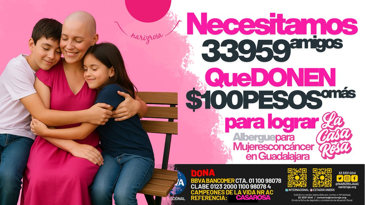 Noche de martes a bajarle más a la meta !!  Queremos el albergue #LaCasaRosa para las mujeres que se atienden de cáncer , con tu ayuda será posible. 
Dona y hagamos que el milagro rosa suceda 

🇲🇽 BBVA  Cuenta: 0110098078 Clabe:  012320001100980784  Campeones de la vida NR AC