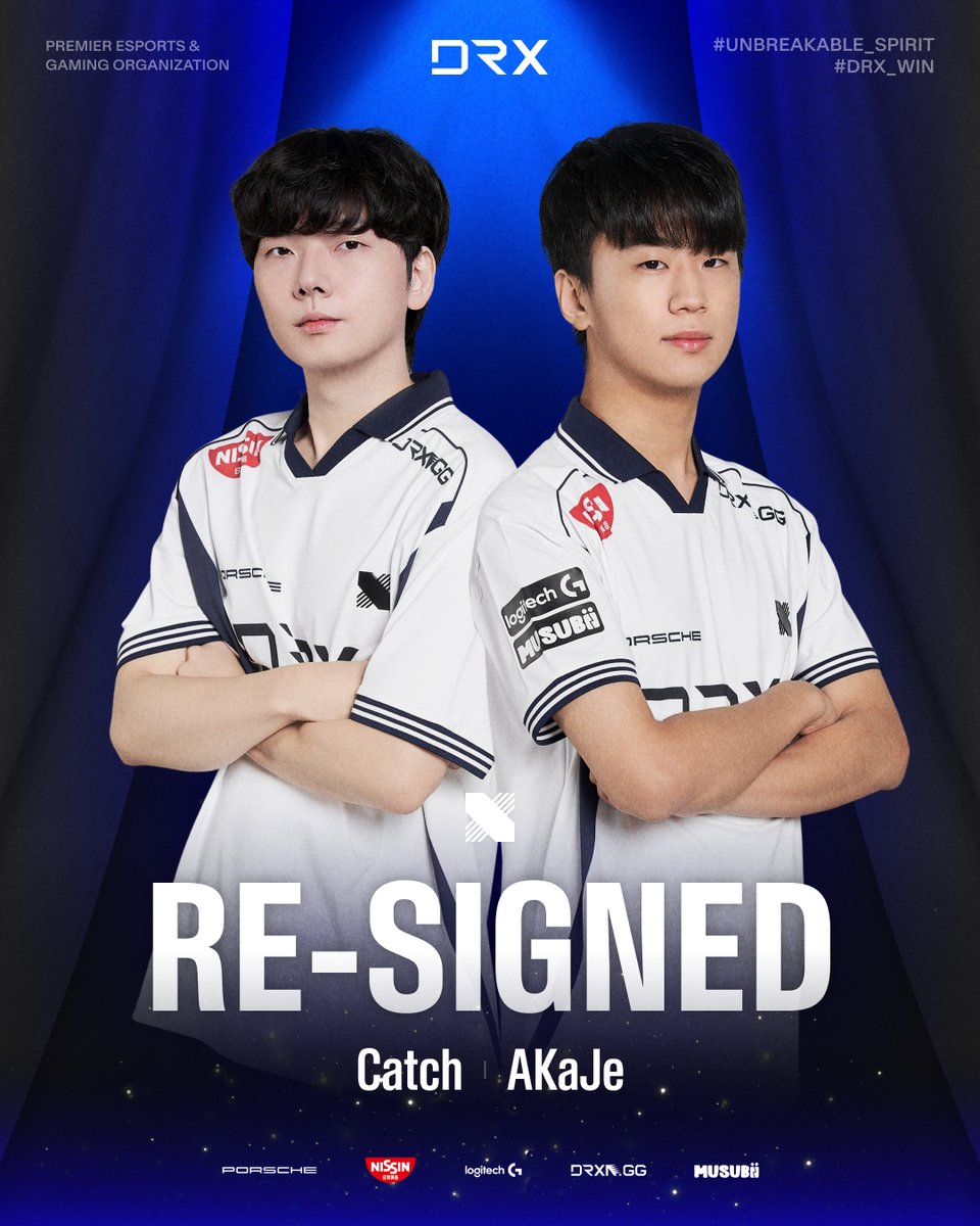 DRX_LCK's tweet photo. 𝐂𝐨𝐧𝐭𝐫𝐚𝐜𝐭 𝐑𝐞𝐧𝐞𝐰𝐚𝐥 - 𝐂𝐚𝐭𝐜𝐡 & 𝐀𝐊𝐚𝐉𝐞

They aren’t going anywhere!
DRX is elated to announce a 1-year extension with Coach Catch and a 3-year extension with AKaJe!

DRX는 ‘Catch’ 윤상호 코치와 2026년까지 그리고 ‘AKaJe’ 최수혁 선수와 2028년까지 함께합니다! DRX와 여정을 이어가는 Catch 코치와 AKaJe 선수에게 뜨거운 응원 부탁드립니다!

#UnbreakableSpirit #LCK