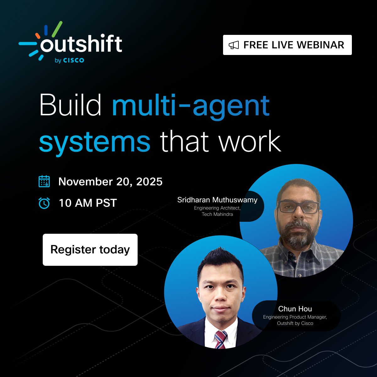 outshiftbycisco's tweet image. Multi-agent systems (MAS) are transforming industries, and we’re showing you what’s possible in our upcoming webinar tomorrow.

Join us &amp;amp; Tech Mahindra to learn from a real-world #MAS deployment and discover how to build scalable, secure systems that work. cs.co/60187XWdQ