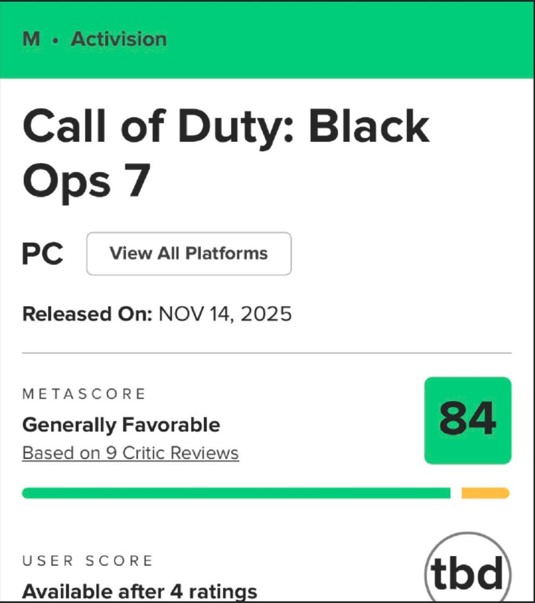 ymnis_v1's tweet image. 9 reviews had mfers pretending Black Ops 7 was an 84 😭