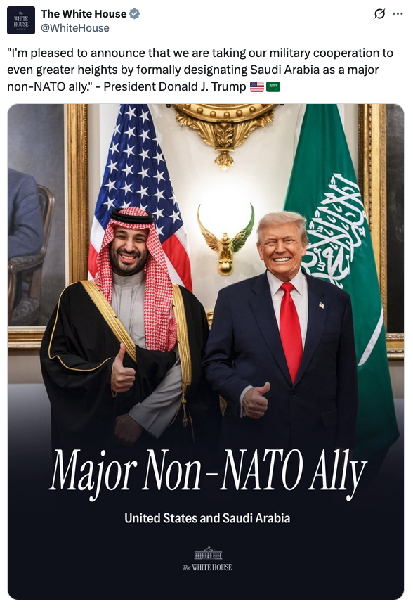 arabnews's tweet photo. @EphremKossaify @WhiteHouse @POTUS @realDonaldTrump @kbsalsaud @rbalsaud US President Donald Trump has on Tuesday announced that the US will formally designate Saudi Arabia as a Major Non-NATO Ally, marking a  significant elevation in defense ties between Washington and Riyadh. #CPvisitUS https://t.co/vVGl3fxmoM https://t.co/1fheFx4iSW