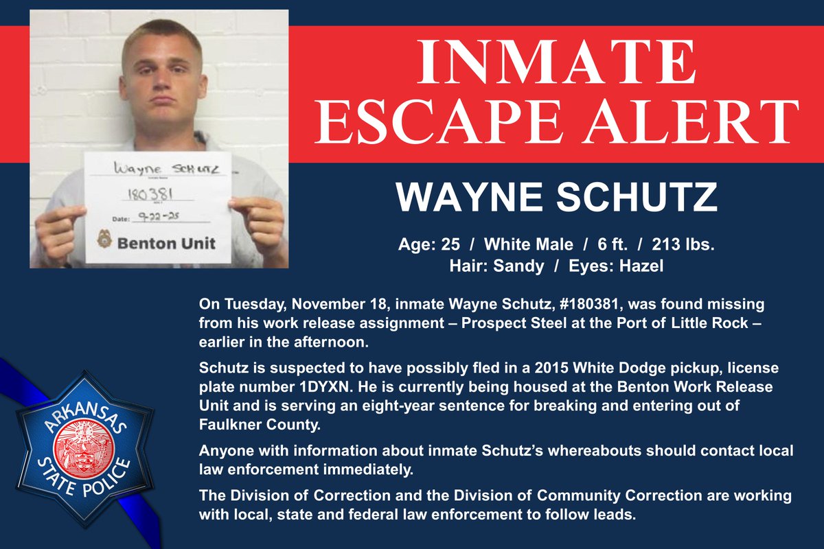 Arkansas State Police is issuing this Inmate Escape Alert at the request of the Arkansas Department of Corrections.

News Release: dps.arkansas.gov/news/inmate-es…

PLEASE SHARE!