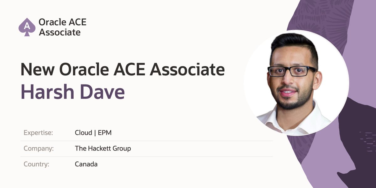 oracleace's tweet image. 🎉 Welcome Harsh Dave as a new #OracleACE Associate!
🌟 Director at The Hackett Group and EPM expert, Harsh has led full EPM Cloud implementations and is passionate about community, sharing insights across blogs, webinars, and forums.
🤝 Loves giving back and connecting on all…