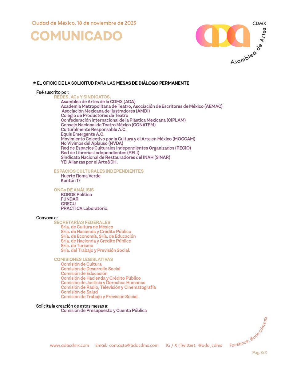 COMUNICADO. Reconocemos  la reasignación, sin embargo estamos por debajo de las necesidades del  sector. Por lo tanto refrendamos nuestra solicitud y de organizaciones  aliadas para que se realice la MESA DE DIÁLOGO PERMANENTE con  Secretarías y Comisiones legislativas #CulturaMX