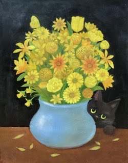 🎁12人の贈り物展2025🎁
🎨メンバーの制作風景をご紹介🖌️
中村猛

【コメント】
12月の12人展に出す黄色い花の絵です。
始めは荒目にアクリル絵の具で描いて、少しずつ細かくして、最後は油絵の具で仕上げています。
見に来ていただくのを心待ちにしています♪