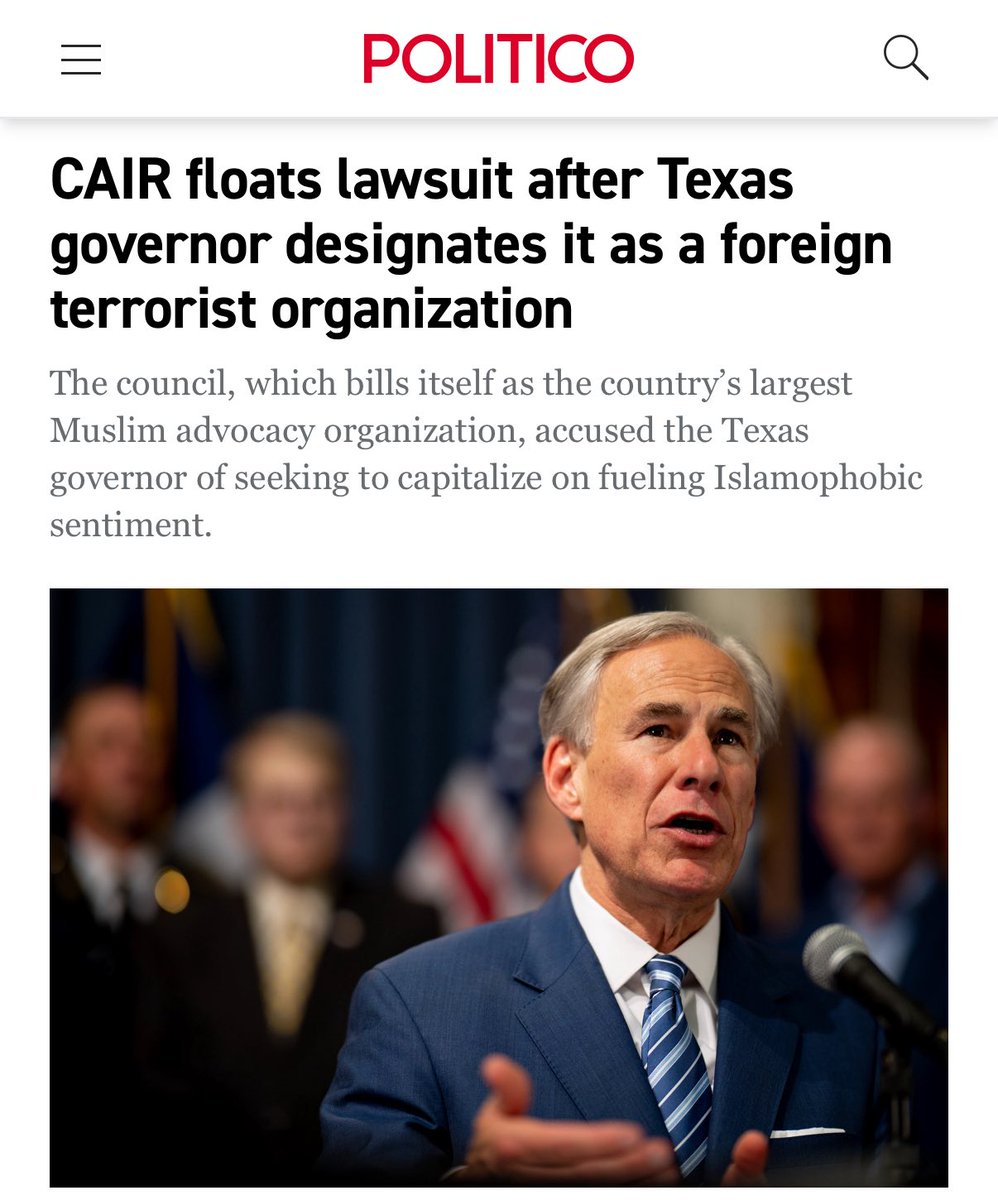 EYakoby's tweet image. BREAKING: CAIR is threatening to sue Gov. Abbott after he designated them a foreign terrorist and transnational criminal organization.

Abbott responded with: “That’s great. The lawsuits will open the doors to their financial transactions. The AG will have a heyday.”