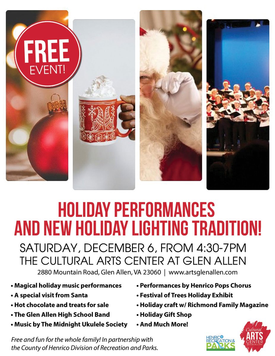 ArtsGlenAllen's tweet photo. In partnership with Henrico County Recreation &amp; Parks, The Cultural Arts Center welcomes you to a festive evening featuring free holiday music performances, a special visit from Santa and new holiday traditions - fun for the whole family on December 6th from 4:30-7pm. https://t.co/ImwtQbXrLL