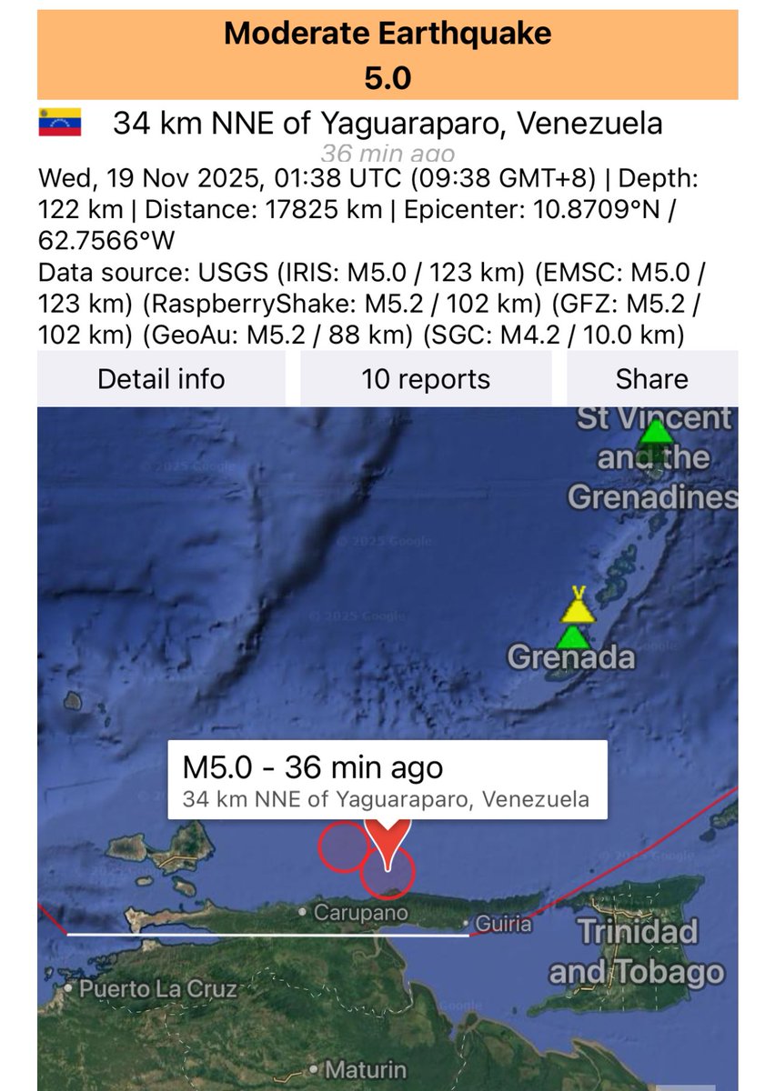 AstroFluxLab's tweet image. A 122 km deep M5.0 #earthquake was detected 36 mins ago, this moderate tremor in the Venezuelan region highlights continued subduction zone activity and stress within the Caribbean Plate system.  #Earthquake #Venezuela