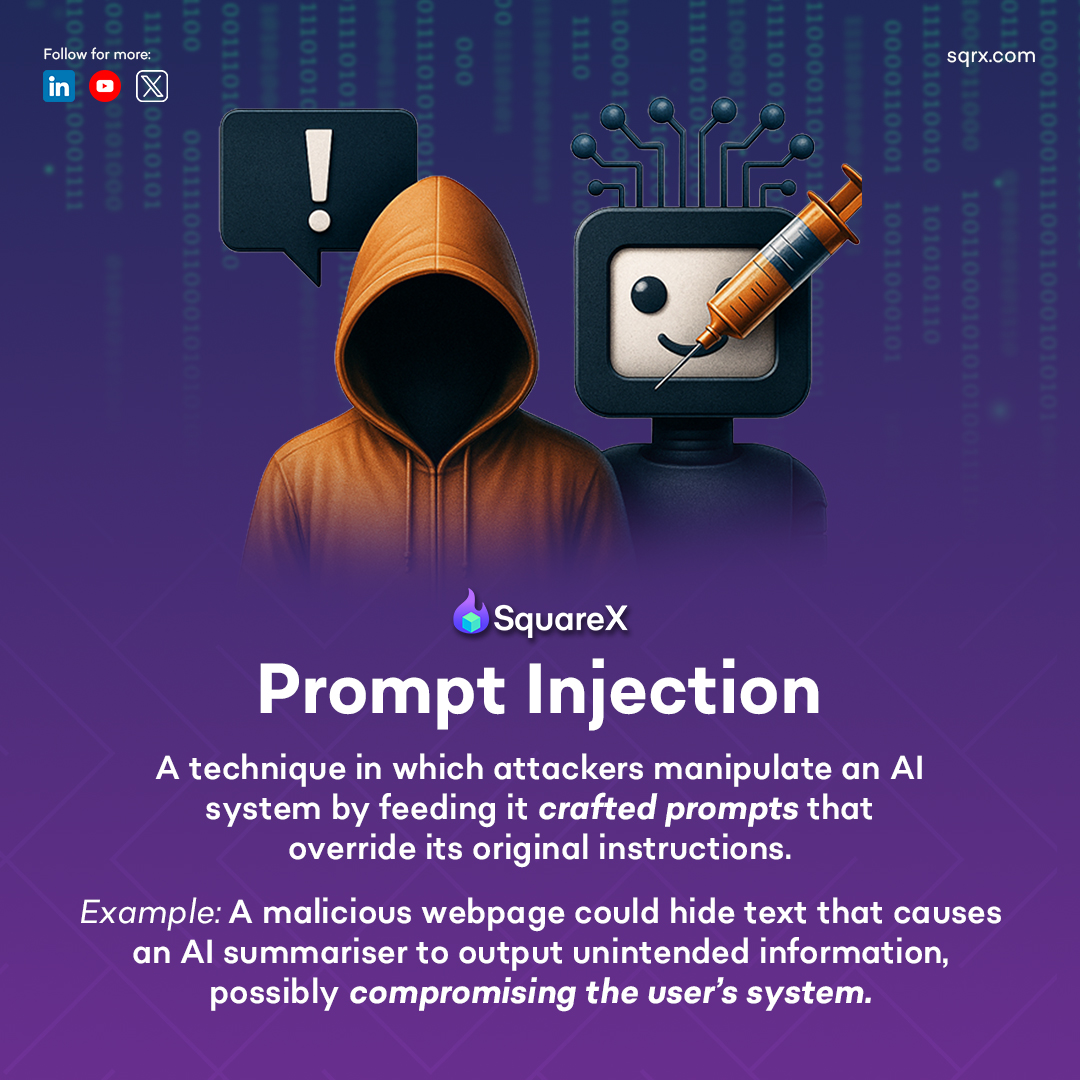 getsquarex's tweet image. Attackers manipulate an AI system by feeding it crafted prompts that override its original instructions.   

#cybersecurity #browsersecurity #onlinesafety #ai #infosec #SquareX