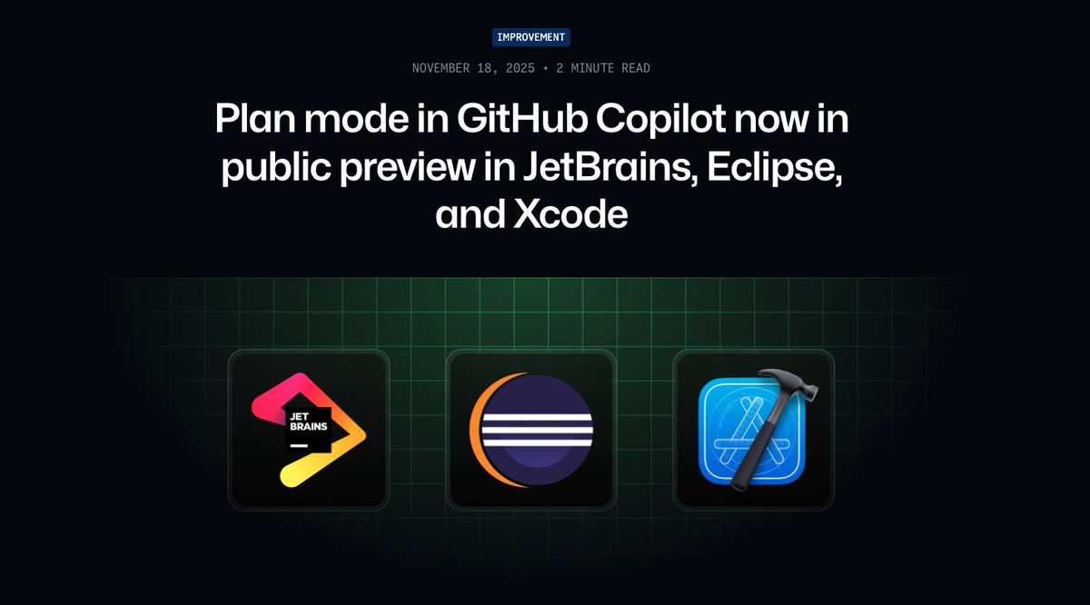 jialuogan's tweet image. 🚀 Plan Mode in GitHub Copilot is now in public preview for Xcode! You can streamline your development workflow and plan smarter with AI in Xcode, and more IDEs! 
👉: github.blog/changelog/2025…