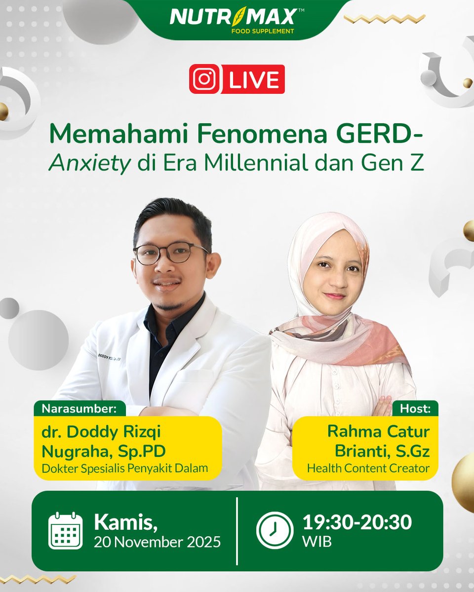 Overthinking bisa bikin tubuh ikut protes, mulai dari rasa sesak sampai perut nggak nyaman. Penasaran gimana cara mengenalinya? 

Join IG Live Nutrimax:
📆 Kamis, 20 November 2025
🕣 19:30 - 20:30 WIB

FREE ENTRY: instagram.com/nutrimax_indon…