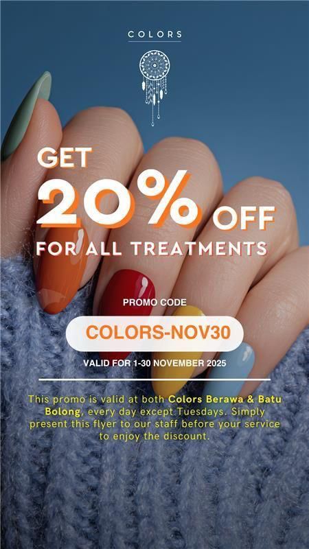 marcelcota's tweet photo. Let's book your appointment and enjoy the 20% discount for all treatment, don't miss it 😉
Booking +62-811-3833-317
Colors Batubolong Nail Spa
Jl Pantai Batubolong no45 in front of Pura Batur
#bali #indonesia #canggu #nails #kuku #manicure #pedicure #nailspa #nailpolish #nailart https://t.co/5MadRCrhXz