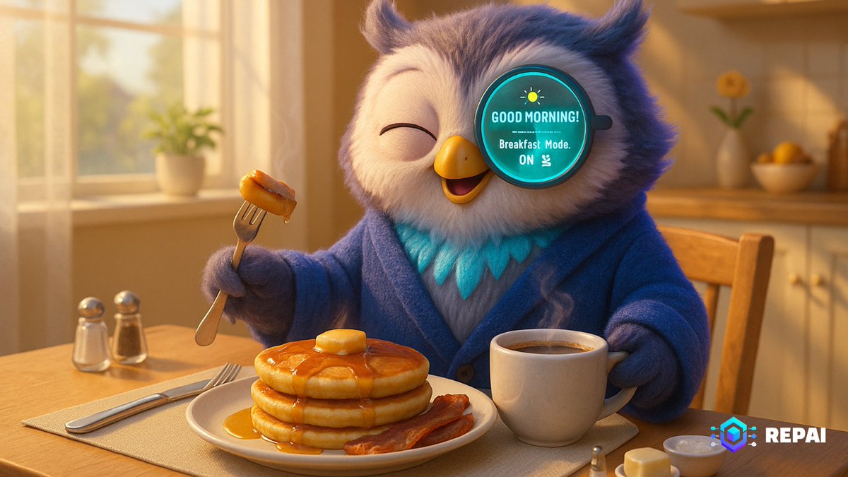 Rep_AIofficial's tweet photo. GM REPAI fam! 🦉☀️

REPPY here with pancakes, bacon &amp; coffee! 🥞🥓☕
Perfect breakfast, perfect morning vibes ✨
How's your morning going? 💙

#REPAI #REPPY #GoodMorning #Web3 https://t.co/toXqJhNFfH